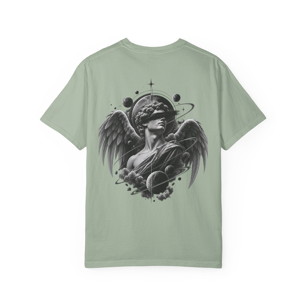 Angel Statue Cosmic Backprint T-Shirt — Blindfolded Angel with Planetary Halo Graphic