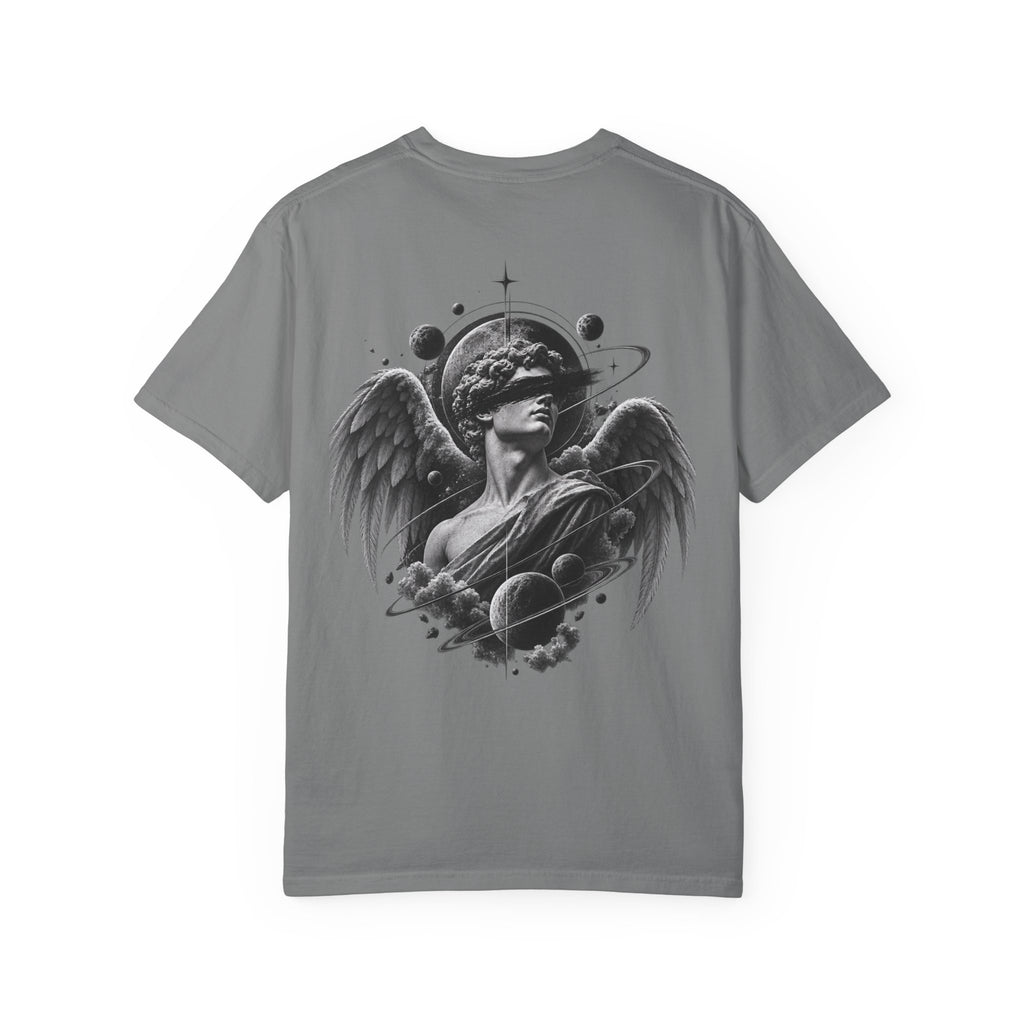 Angel Statue Cosmic Backprint T-Shirt — Blindfolded Angel with Planetary Halo Graphic