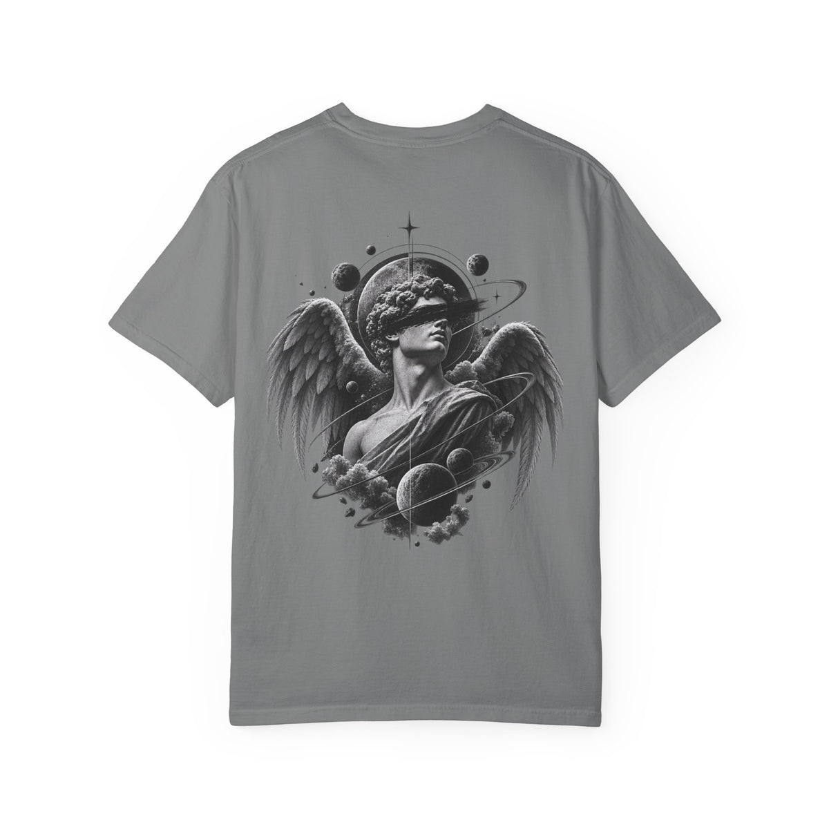 Angel Statue Cosmic Backprint T-Shirt — Blindfolded Angel with Planetary Halo Graphic