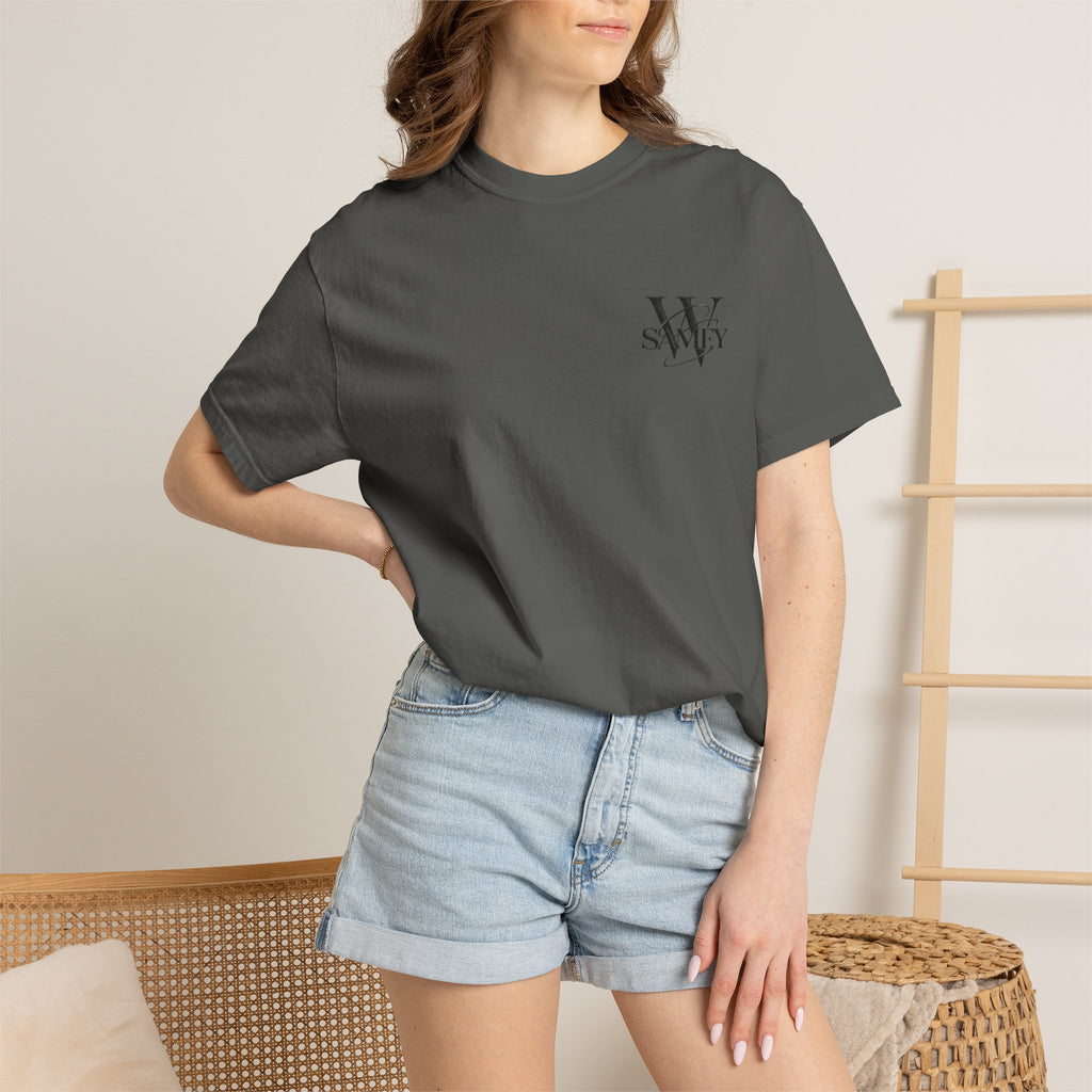 Angel Statue Cosmic Backprint T-Shirt — Blindfolded Angel with Planetary Halo Graphic