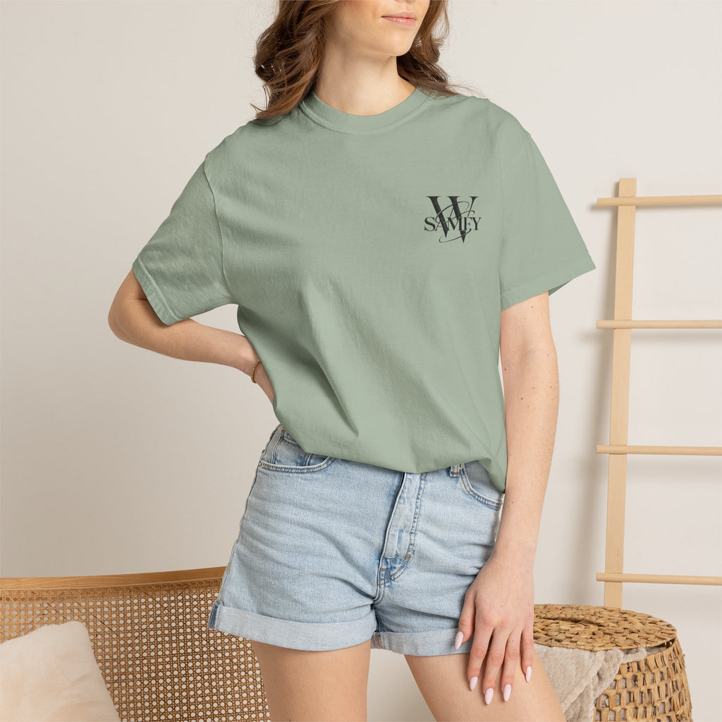 Angel Statue Cosmic Backprint T-Shirt — Blindfolded Angel with Planetary Halo Graphic