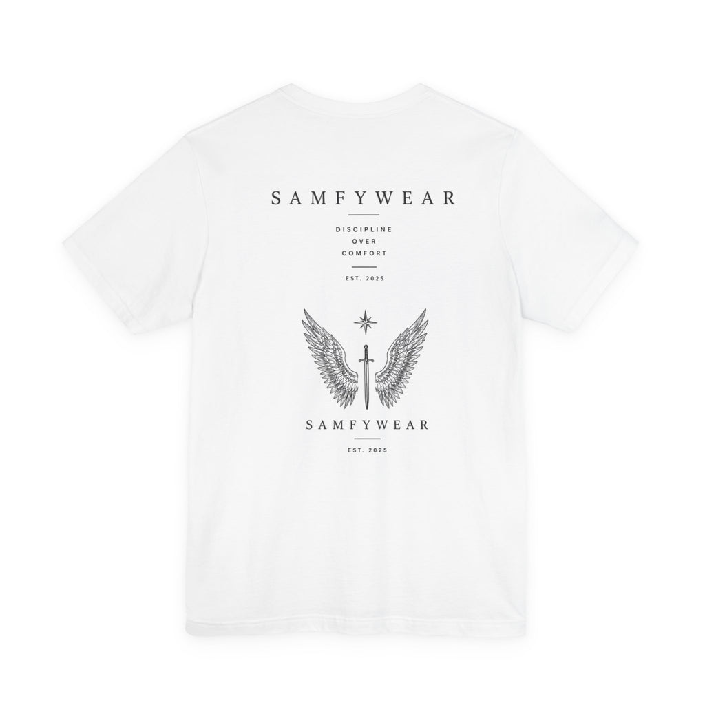 Samfywear Winged Sword Graphic Tee — Chest Logo & Back Winged Sword Design