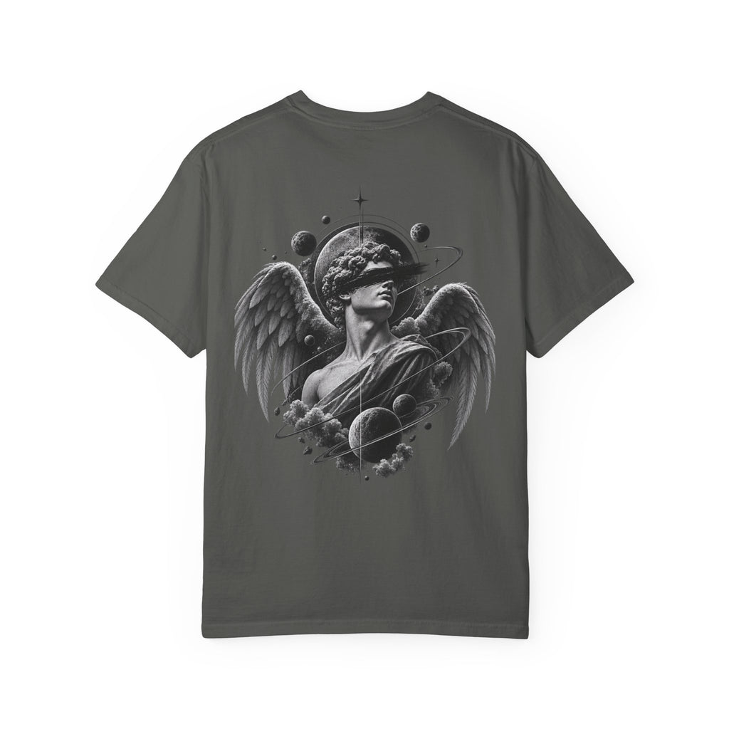 Angel Statue Cosmic Backprint T-Shirt — Blindfolded Angel with Planetary Halo Graphic