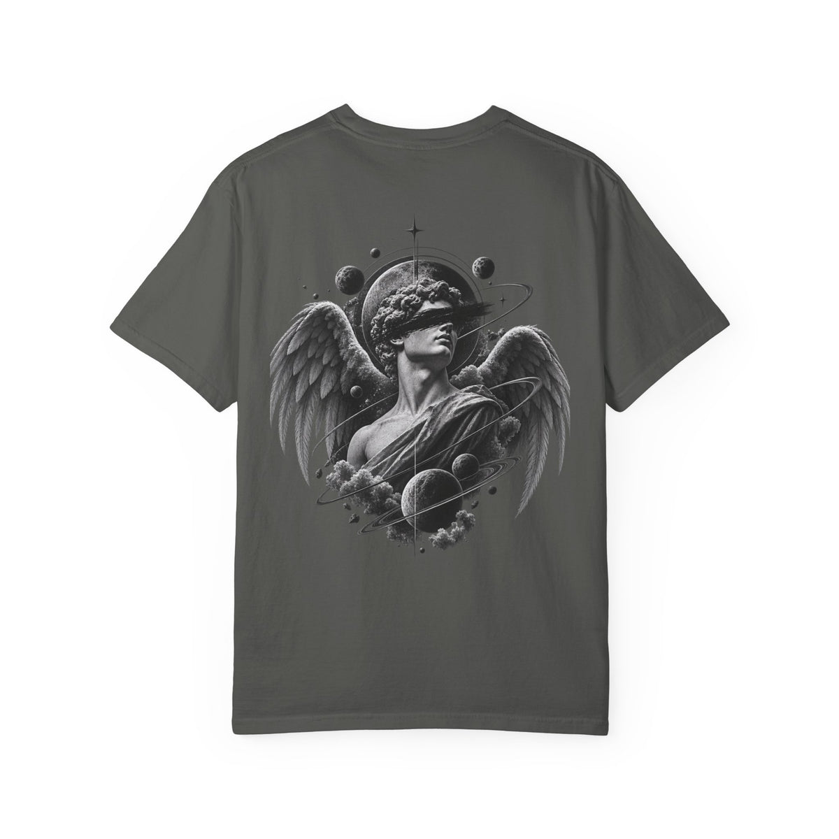 Angel Statue Cosmic Backprint T-Shirt — Blindfolded Angel with Planetary Halo Graphic