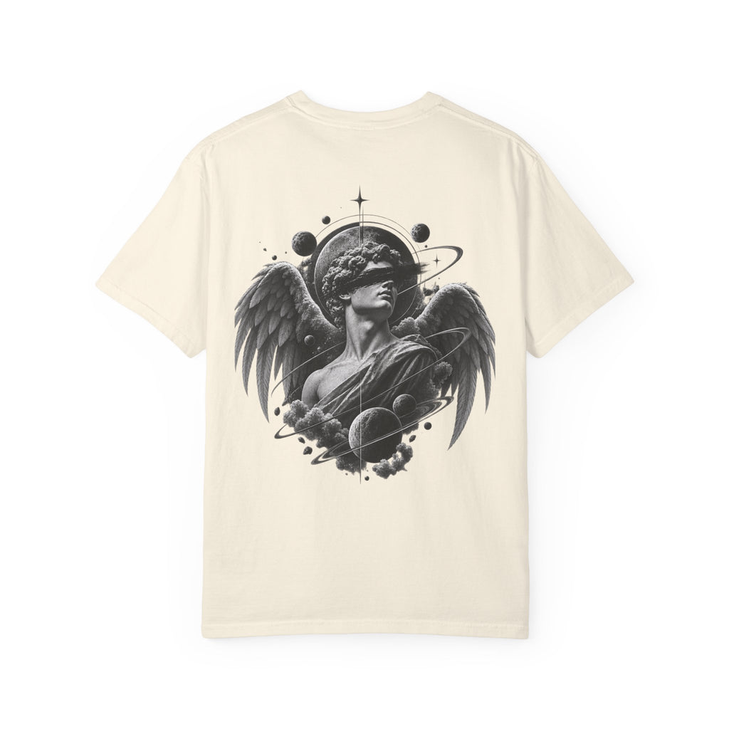 Angel Statue Cosmic Backprint T-Shirt — Blindfolded Angel with Planetary Halo Graphic