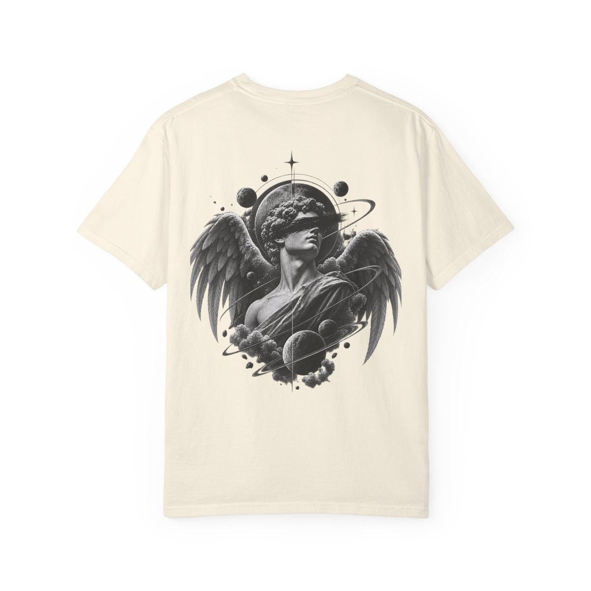 Angel Statue Cosmic Backprint T-Shirt — Blindfolded Angel with Planetary Halo Graphic
