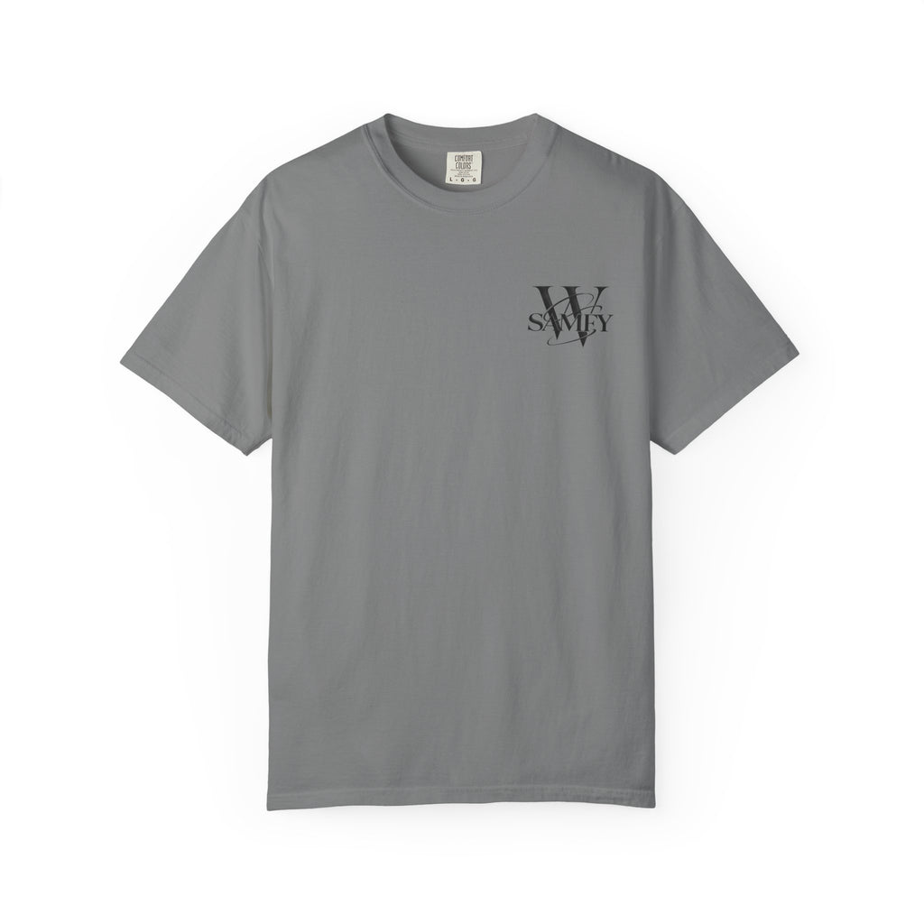 Angel Statue Cosmic Backprint T-Shirt — Blindfolded Angel with Planetary Halo Graphic