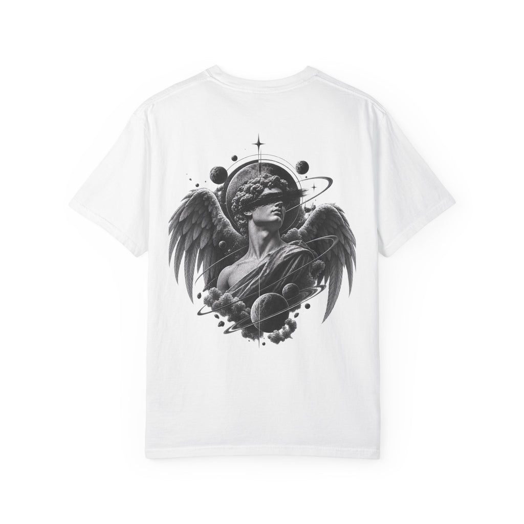 Angel Statue Cosmic Backprint T-Shirt — Blindfolded Angel with Planetary Halo Graphic