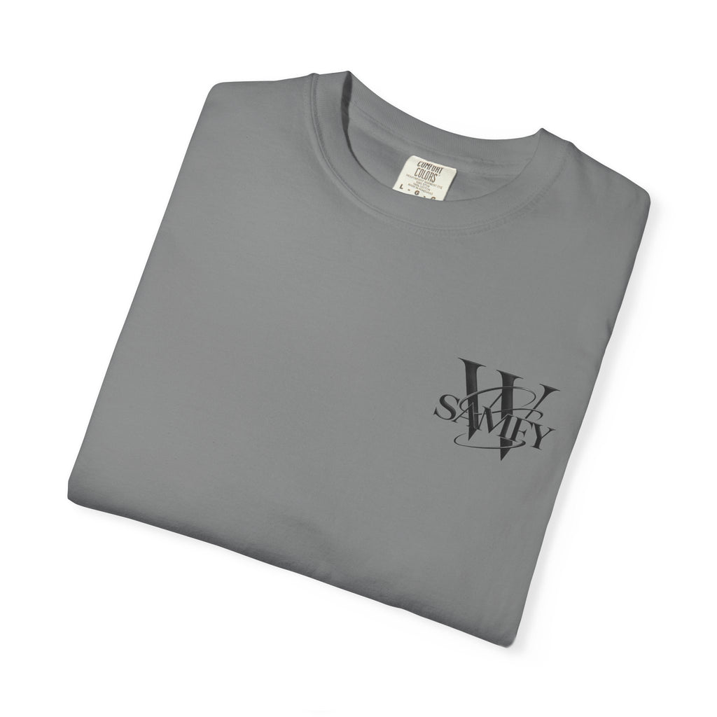 Angel Statue Cosmic Backprint T-Shirt — Blindfolded Angel with Planetary Halo Graphic