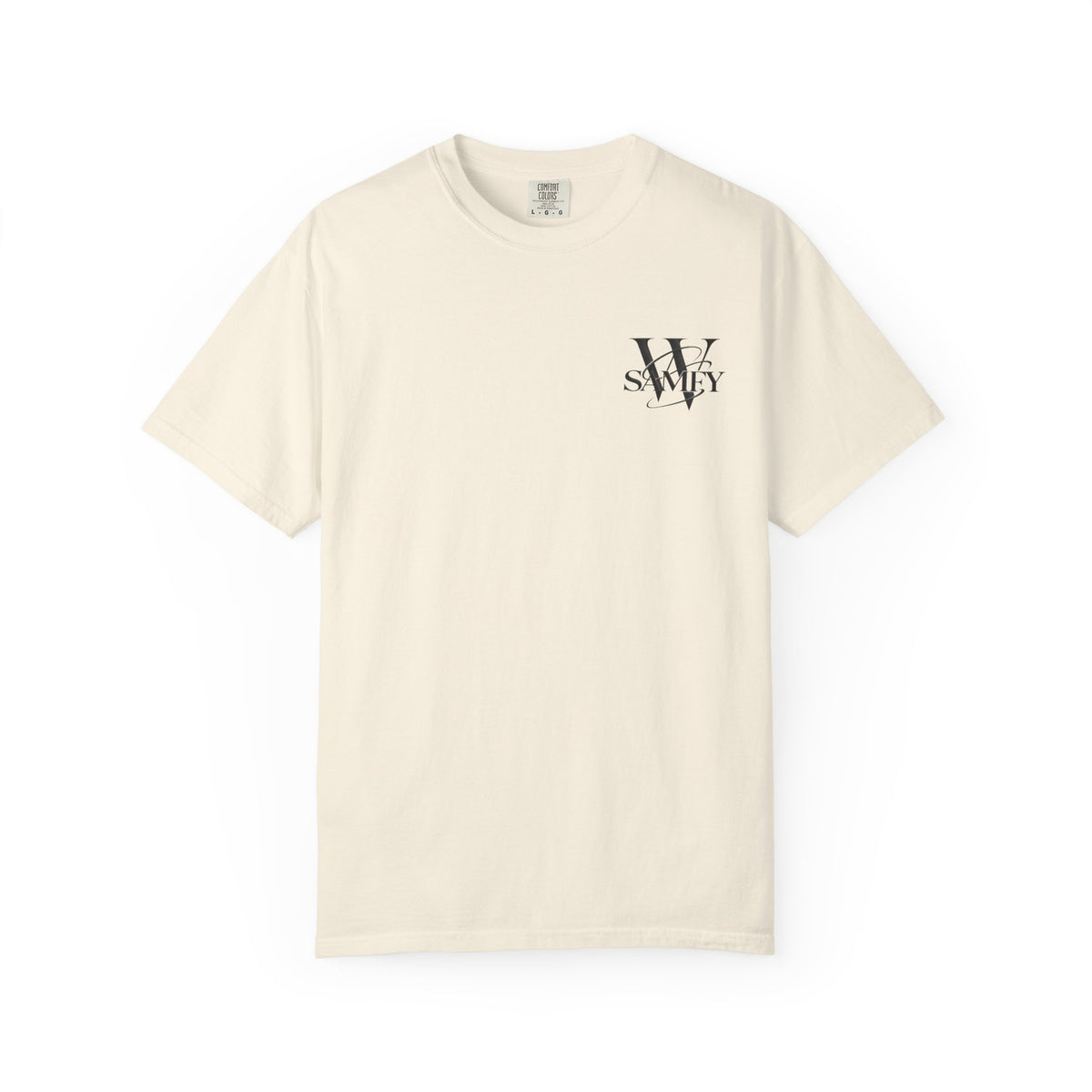 Angel Statue Cosmic Backprint T-Shirt — Blindfolded Angel with Planetary Halo Graphic