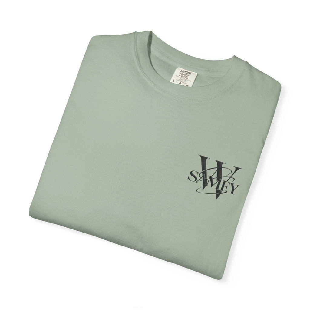 Angel Statue Cosmic Backprint T-Shirt — Blindfolded Angel with Planetary Halo Graphic